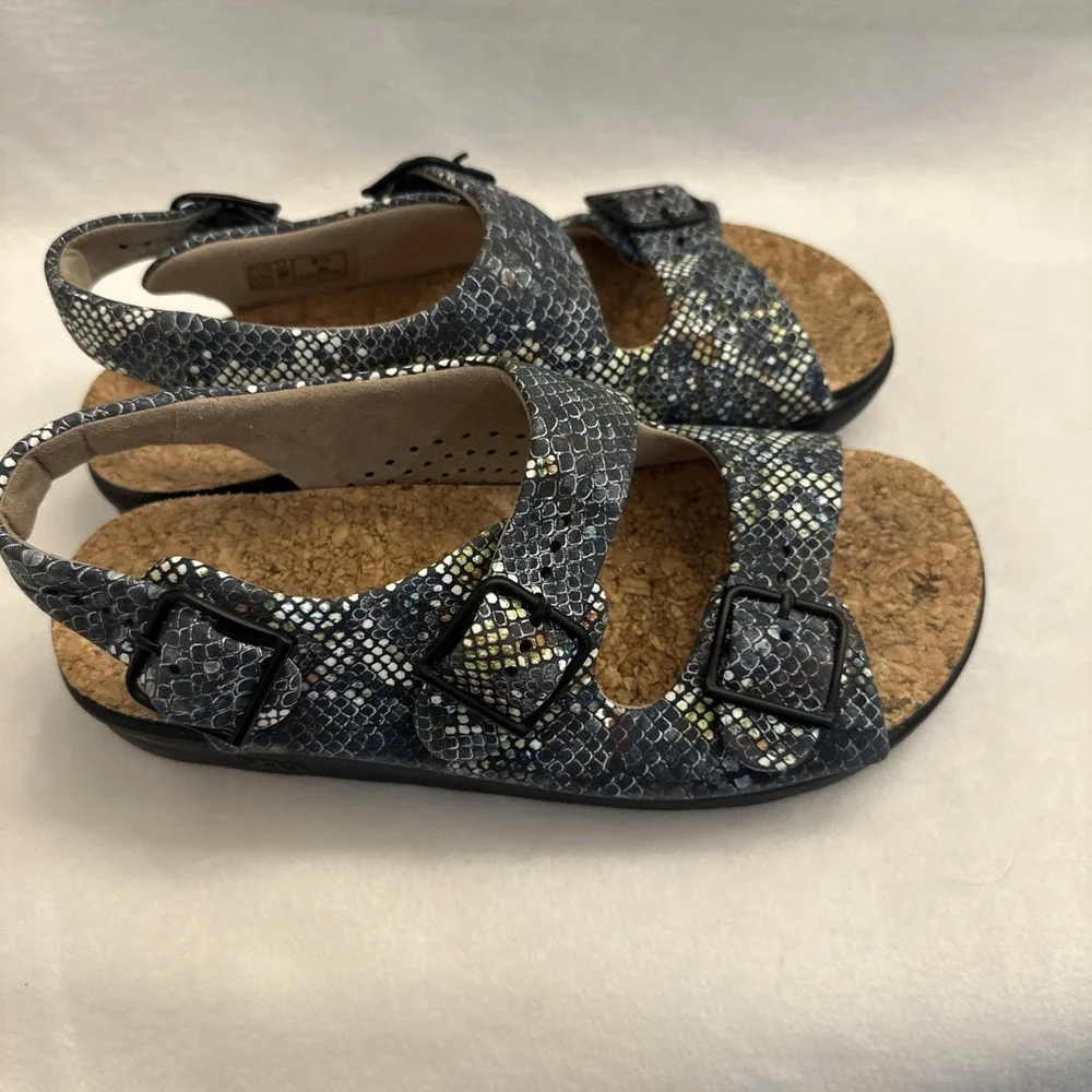 SAS Women's Blue Snake Skin Pattern Cork Insole Tripad  Sandals Size 6.5 M Comfy